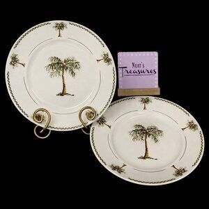 Gibson Designs BAHAMA  Palm Tree Motif Green Zig-Zag Bands Lunch Plates Set 2